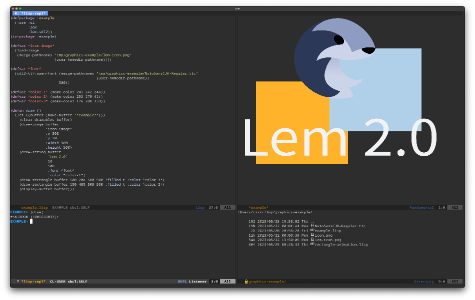 Lem running in a SDL2 GUI.