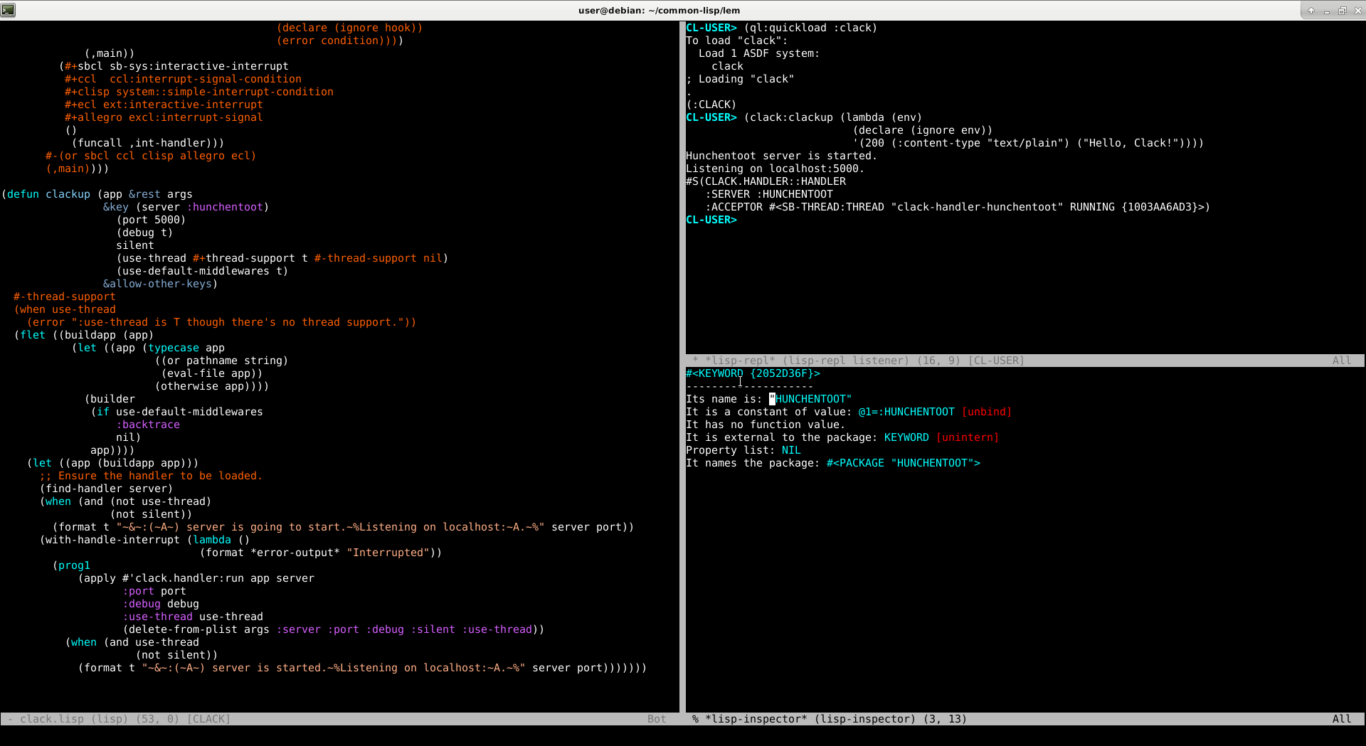 Lem running in the terminal with a REPL and the interactive debugger