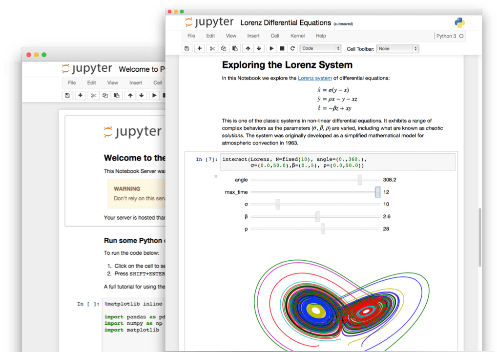 A Jupyter notebook running a Common Lisp kernel, exploring the Lorentz system of differential equations, showing a colorful 3D plot with interactive controls (note: the code in the screenshot is actually not Lisp!)