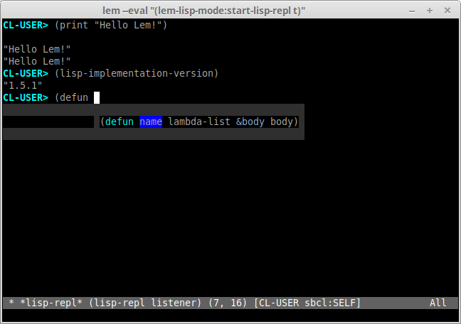 Lem running in the terminal with the Lisp REPL full screen, showing a completion window.