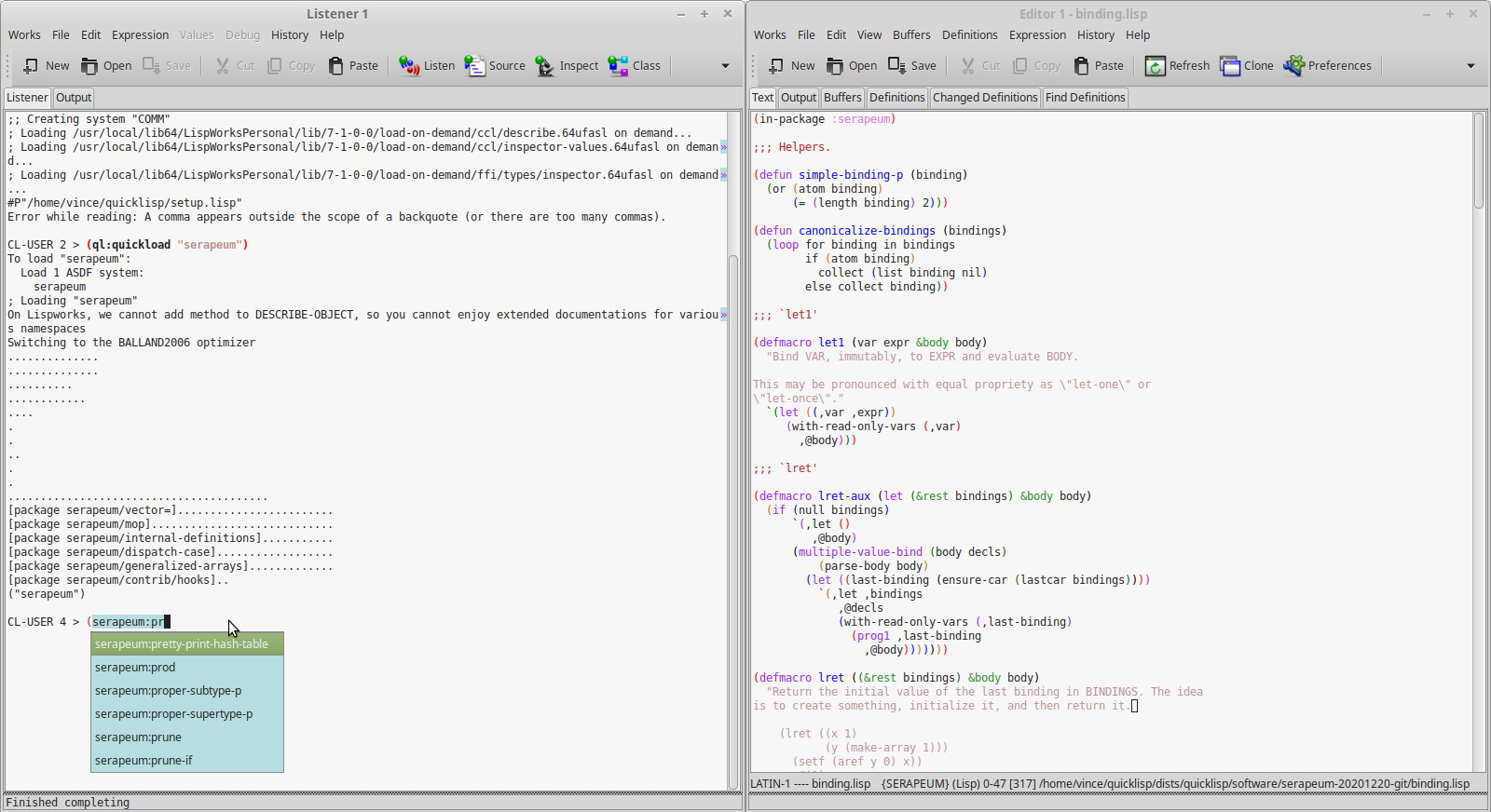 The LispWorks editor, showing a Lisp REPL with autocompletion on the left, and Lisp code on a side panel on the right