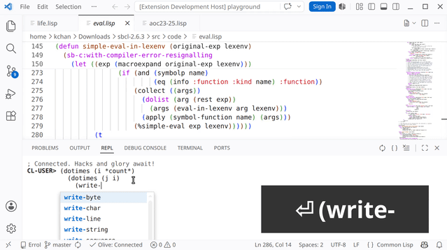 The new OLIVE VSCode plugin showing the REPL.